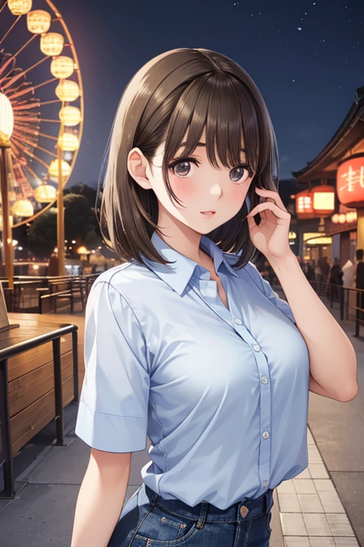 ((Tabletop, Highest quality, High resolution, Hmph, Pixel perfect, 4K, Hmph, Hmph))), 


anegasaki nene、Shiny brown hair, short hair, Beautiful brown eyes、笑face、Sparkling eyes, (Fine grain)、Ultra-detailed eyes、非常に詳細なface, Highly detailed eyes,


High resolution, Beautiful woman photo detail_face, Young and handsome girl,Realistic:0.5, Perfect Skin,  From behind:1.5, (ultra-Detailed Background, Detailed Background), Bokeh, Have a happy expression, Happy emotions, nice,Pure, beautyfull detailed face and eyes,chest, (Very cute and beautiful Japanese women), (Sexy Girl), (Professional attire:1.3), (24 talents: 1.1), 
break, (niceな衣装:1.2), (Blue collared shirt with attention to detail:1.2), (Skinny denim pants:1.2), (Leather boots))), 
chestの谷間, Beautifully detailed skin, (cute:1.2),  ((Pop Idols of Japan)), (Upper thigh:0.6), (Depth of written boundary),Soft Light, Lens Glow View your viewers,Straight teeth,笑face, Floating Hair, brown eyes break movie scene, Cinematic, Full Color, 4K, 8K, 16K, RAW Photos, masterpiece, Professionally color coded, Professional photography, high school girl,  Realistic lighting and shading, (Very delicate and beautiful art)1.3, elegant,Active Angle,dynamism pose 、
break , (Shiny Hair:1.2), bangs,  Beautiful Eyes, Princess Eyes, (Big eyes:1.3),
 bangs,  Hair between the eyes, short hair:1.3, (thin:1.1), (medium-chest:0.95), (thinウエスト: 1.15), (Detailed beautiful girl: 1.4), Part your lips, Red lips, full-make-up face, (Shiny skin), ((Perfect female body)), (Upper body image:1.3), Perfect Anatomy, Perfect proportions, (most beautiful Korean actress face:1.3, extremely cute and beautiful Japanese actress face:1.3), alone), ,(blush:1.1), Gray background, alone focus, (Bust Shot:1.2), Cinematic light, (Nostalgic night view:1.4), (amusement park:1.4), (Merry-go-round、Ferris wheel、roller coaster),  (View your viewers:1.2