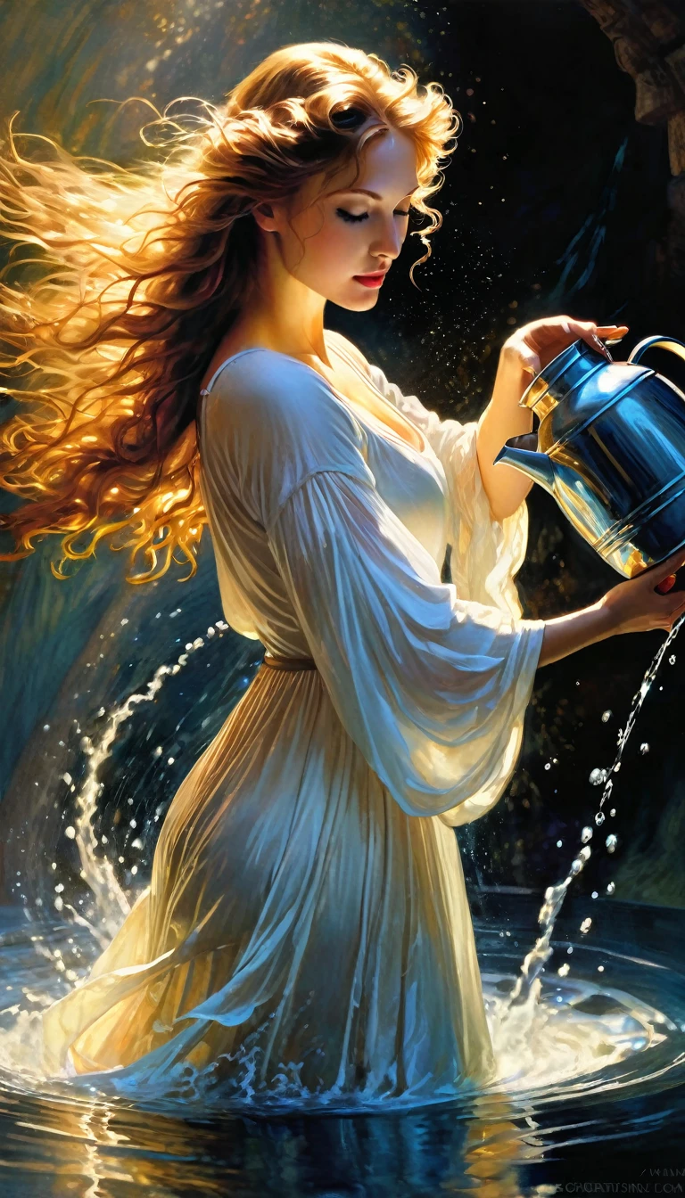 A beautiful angelic woman passing water from one jug to another, intricate details, oil painting, vibrant colors, masterpiece, highly detailed, photorealistic, cinematic lighting, dramatic, renaissance, chiaroscuro, dramatic lighting, ethereal, heavenly, divine, glowing skin, flowing hair, elegant dress, swirling water, dramatic pose, majestic, awe-inspiring, Bill Sienkiewicz