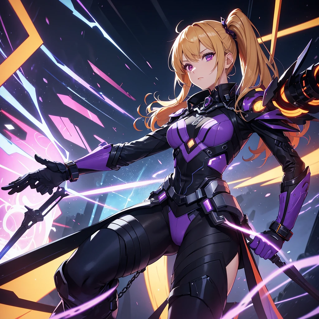 She has red eyes and blonde hair and a side ponytail hairstyle., adorned with an orange blossom accessory. The costume is futuristic and militaristic, with black and blue details, including gloves, high boots and pieces that look like armor. There are chains attached to the waist of the suit. Notably, the character has a mechanical arm on the left side that emits purple electrical energy. The character is portrayed in a dynamic pose, suggesting action or readiness. Chains are wrapped around the arms, extending to the bottom. The surrounding environment features shards and geometric shapes in purple and blue, creating an intense and chaotic atmosphere. A spectral figure resembling the main character is also present..