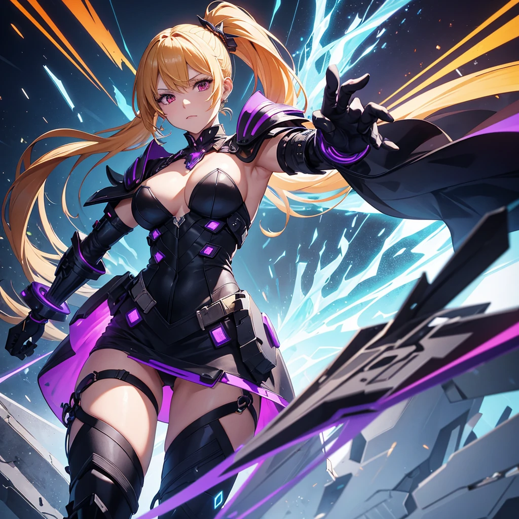 She has red eyes and blonde hair and a side ponytail hairstyle., adorned with an orange blossom accessory. The costume is futuristic and militaristic, with black and blue details, including gloves, high boots and pieces that look like armor. There are chains attached to the waist of the suit. Notably, the character has a mechanical arm on the left side that emits purple electrical energy. The character is portrayed in a dynamic pose, suggesting action or readiness. Chains are wrapped around the arms, extending to the bottom. The surrounding environment features shards and geometric shapes in purple and blue, creating an intense and chaotic atmosphere. A spectral figure resembling the main character is also present..