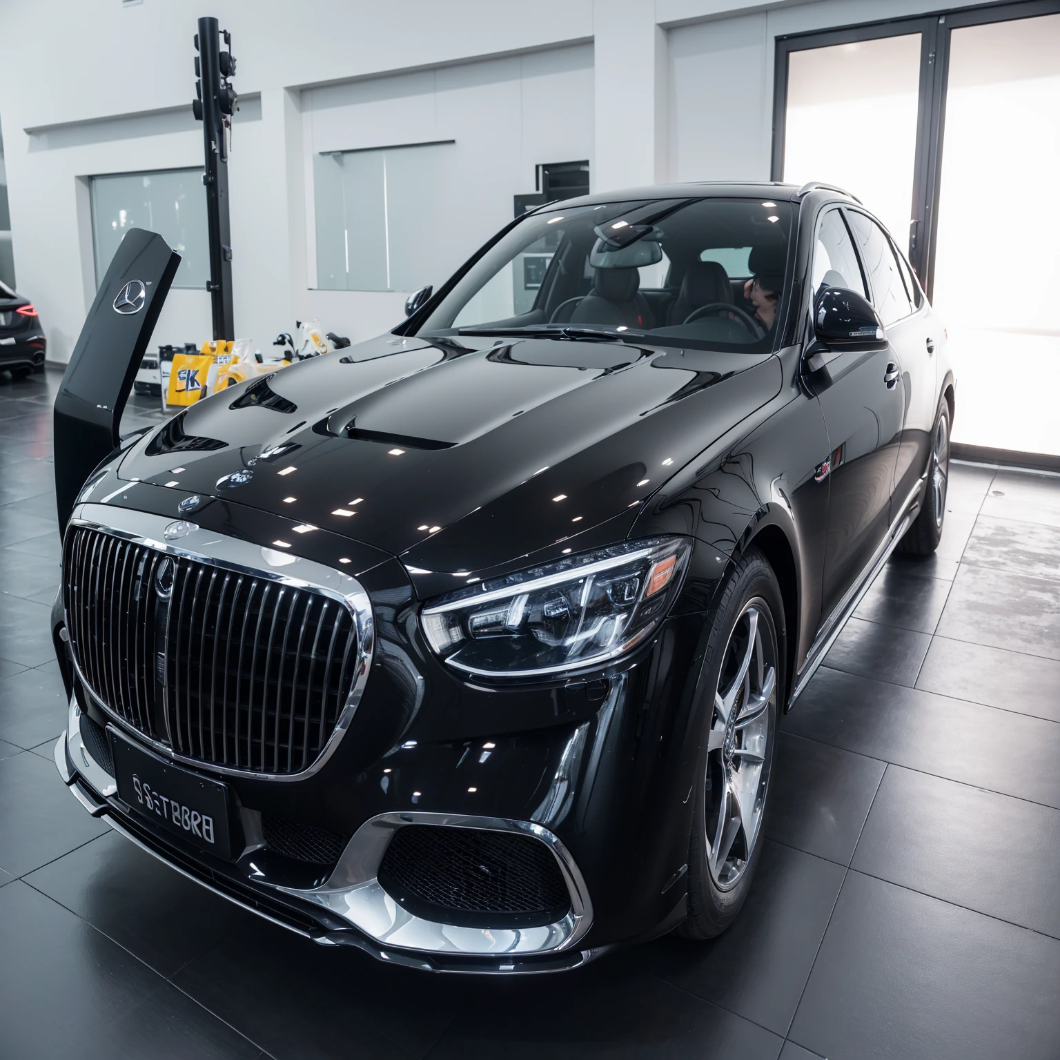 (8K, RAW photos, best quality, masterpiece: 1.2), (Practical, photoPractical: 1.37), Mercedes Benz started in the rainy night, shot with Sony 1