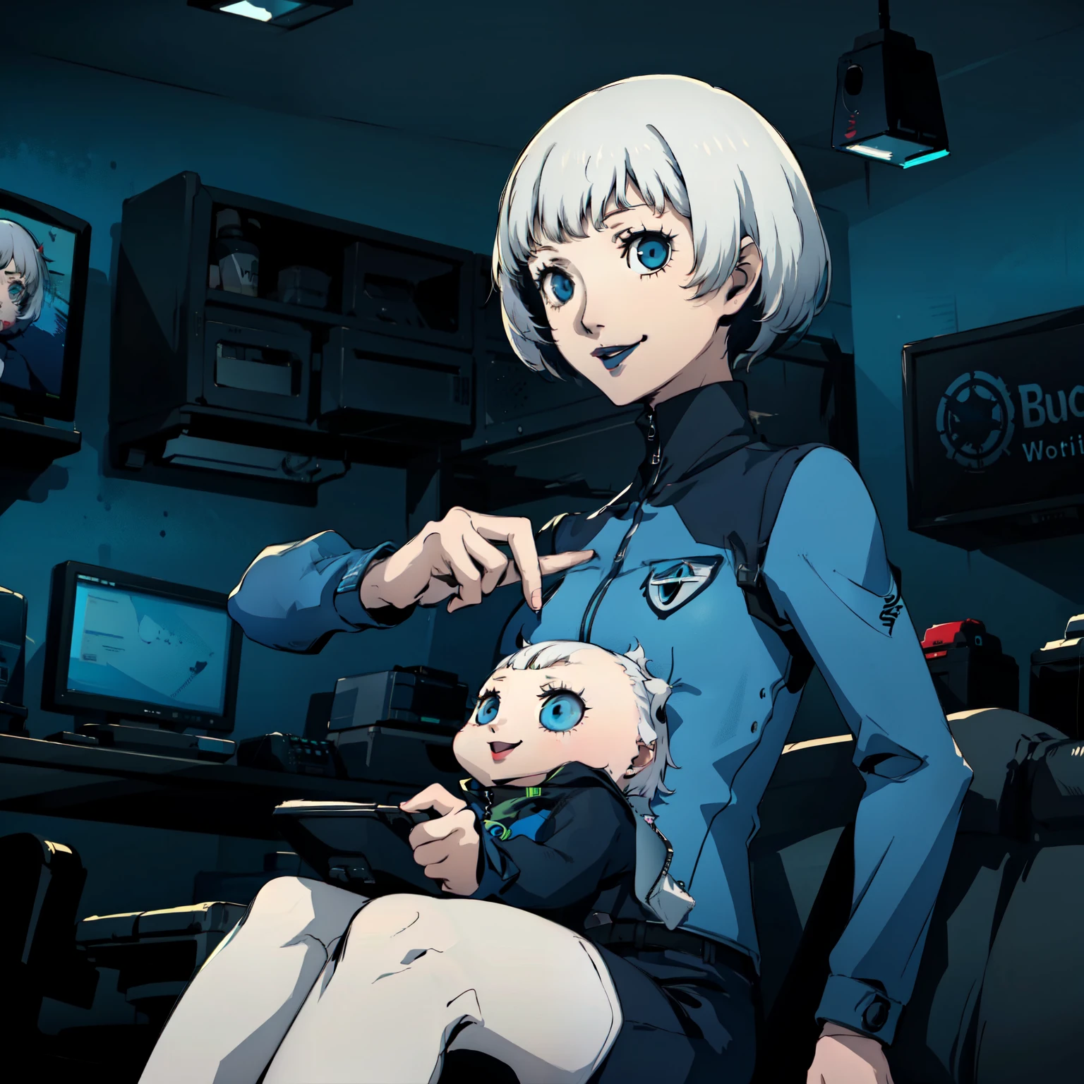 masterpiece, ((best quality)),((1 girl)), blue eyes, black lipstick, white hair, female , tomboy Pixie haircut, deep blue suit, white hair, white hair,smiling,hacker,in the,dark room,sitting,looking monitor,cute