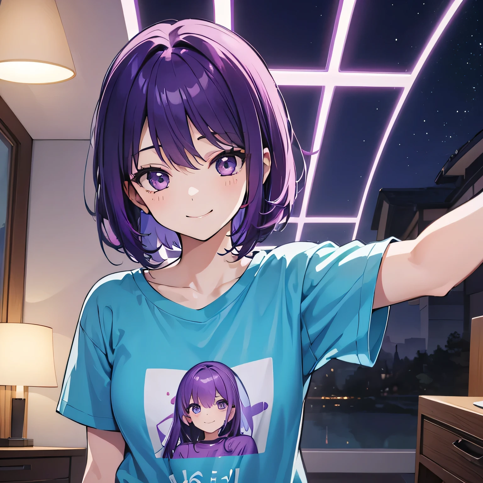 (T Masterpiece,4k wallpaper,Best Quality))、((girl1people))、(solo)、Bright and Brilliant,(Purple Hair)、(Shortcuts:1.3)、smile、Bedroom、T-Shirts、night