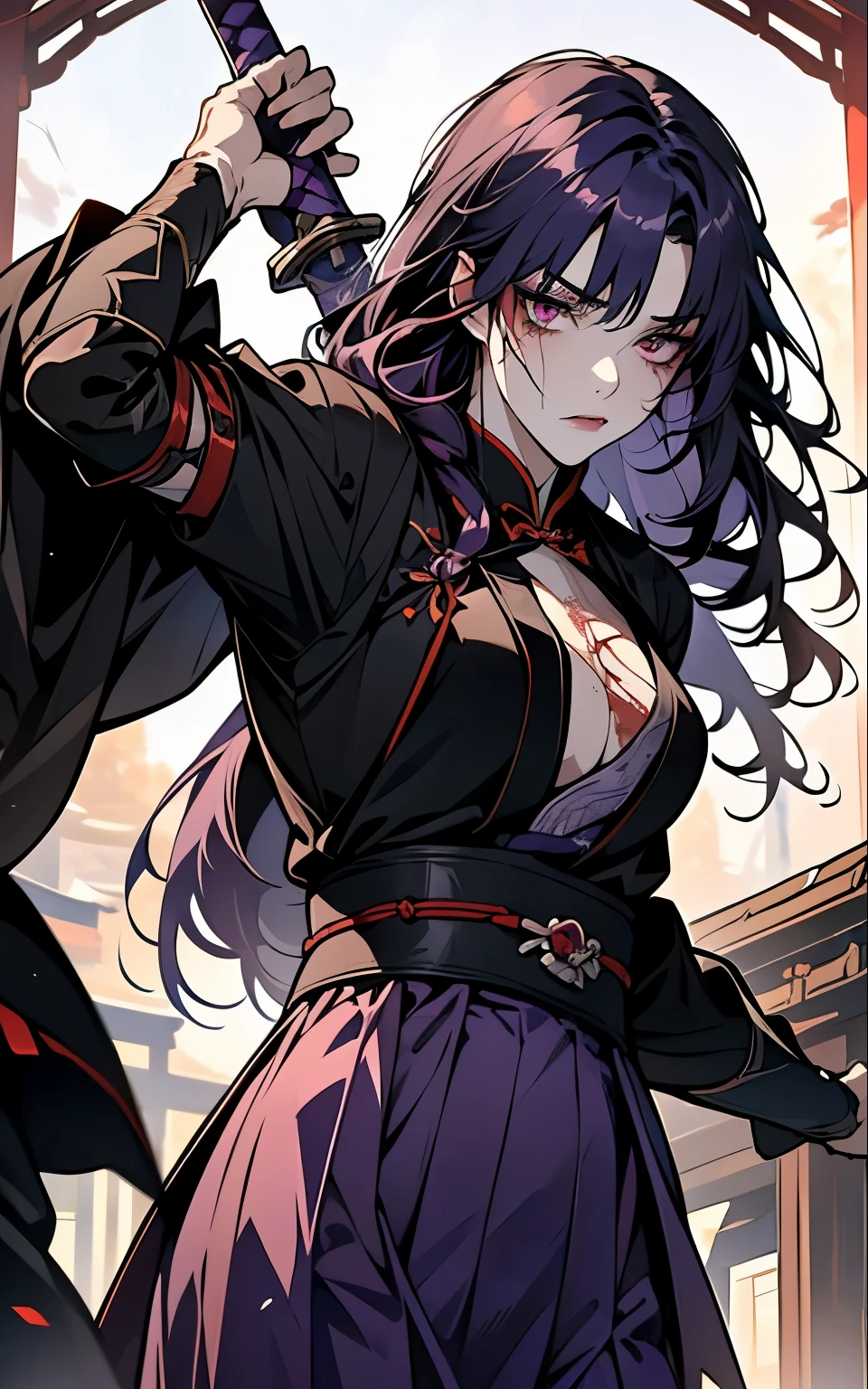 (!Fight, battle, blood, weapon, sword, blood coming out of his mouth, injury, torn clothes, horror!) 1 women, Raiden Shogun - genshin impact, long purple hair, violet eyes, violet chinese clothes, ultra long skirt