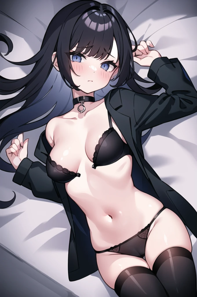 1girl, R17, white bed background, drawing just above the thigh, lying on the bed, barely covering the nipple, barely covering the genitals, barely covered critical areas, nipple barely covered with bra, genitals barely covered with panties, raise her hands above her head, on the verge of sexual intercourse, black hair, long hair, black monochrome choker on the neck, cat eyes, cat eyebrows, moderate chest, black bra, broken bra, loose bra, white dress shirt, black jacket, barely covered chest, navel, very light blush on the upper cheek, string panties, black panties, very small panties, loose panties,  pants down, black pants, as if it were drawn by a person