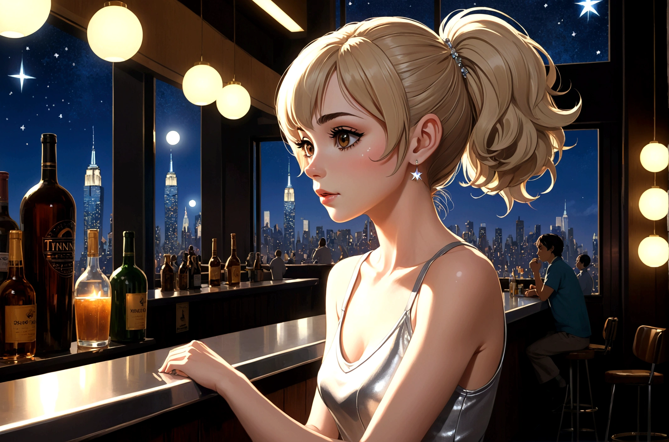 Uses Makoto Shinkai&#39;The depiction is perfect,Portrait of Taylor Hill,8k 4k masterpiece photo ,NY,Glass ceiling jazz bar,I can see the twinkling stars through the glass window.,that&#39;Outside in the dark night,Jazz is playing,Profile close-up,Beautiful profile,Semi-long hair,Blonde,Look in a different direction,Standing alone at the counter,Tight fitting pink tank top dress,Large bust