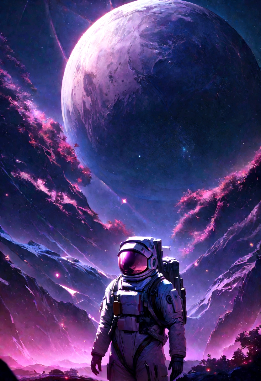 an astronaut standing in a lush field, nomanssky style wallpaper, 4K high resolution concept art beautiful masterpiece,abstract dream, space, intricate, large scale, alone, cinematic film still, Insane detail, sharp focus, depth of field , realistic lighting, (realistic perspective), complex, (multiple subjects), 4k HDR,