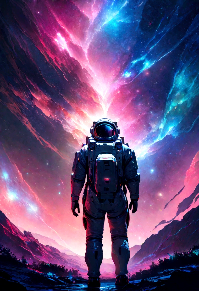 an astronaut standing in a lush field, nomanssky style wallpaper, 4K high resolution concept art beautiful masterpiece,abstract dream, space, intricate, large scale, alone, cinematic film still, Insane detail, sharp focus, depth of field , realistic lighting, (realistic perspective), complex, (multiple subjects), 4k HDR,