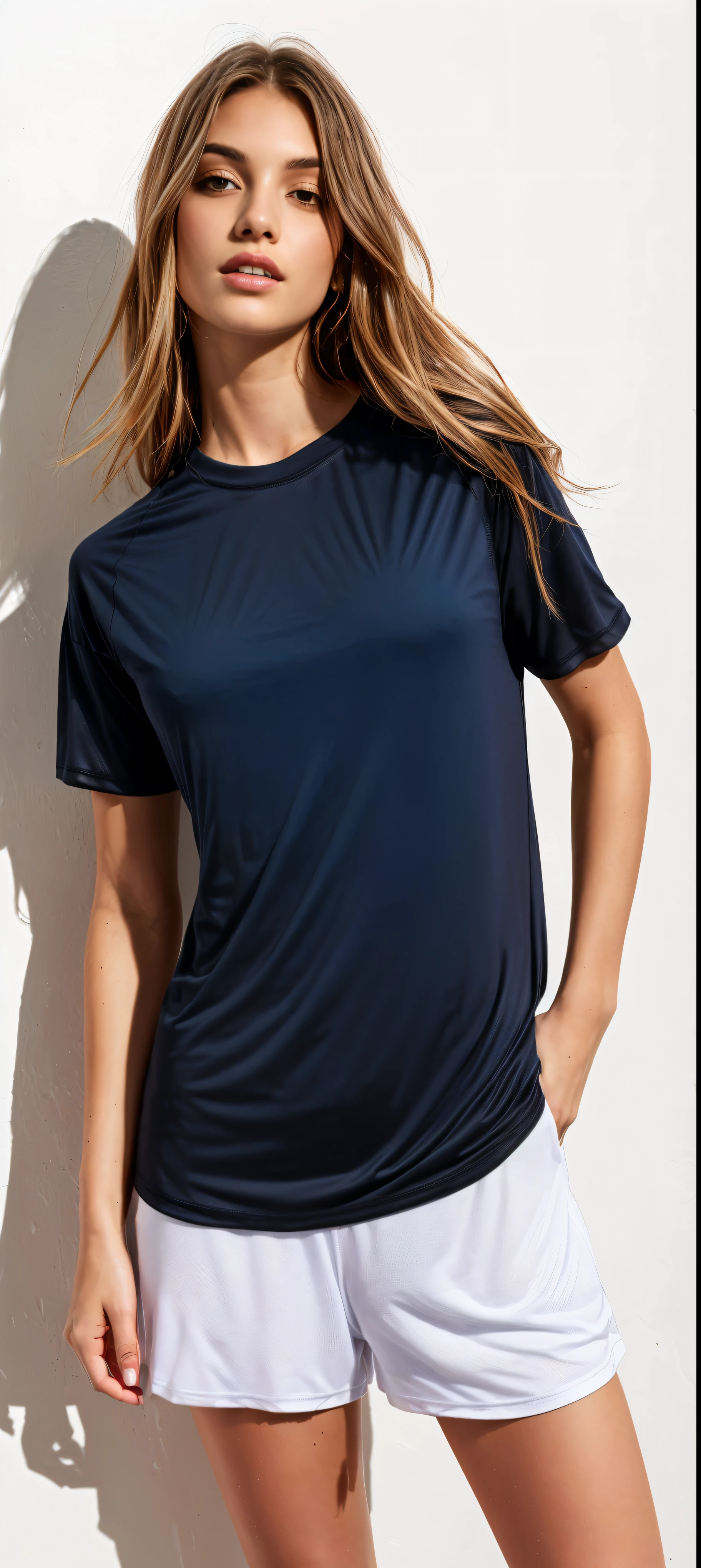 a woman in a black shirt and white shorts posing for a photo, navy blue shirt, manga curta, t - shirt preta, dark blue shirt, wearing a t - shirt, wearing a black t - shirt, sport t - shirt, vestindo t - shirt preta, t - shirt azul apertada, t - shirt, t - shirt, vestindo uma t - shirt preta, black t - shirt