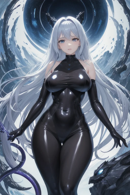 Mysterious art scene: beautiful, Captivating anime girls depicted in otherworldly encounters. Her curvaceous curves and lustrous, Tight skin is revealed、She has a lot of squirming, Silver tentacles. Her expressive, Her captivating blue eyes are fixed on an unseen spot in the distance., On her delicate features、A look of intense joy or surprise. The exquisitely drawn scene、Brilliant, Otherworldly atmosphere, With the rich, A bright octane sky serves as the backdrop. Low camera angles and cinematic compositions、The viewer can become completely immersed in the surreal and mesmerizing paintings.。.