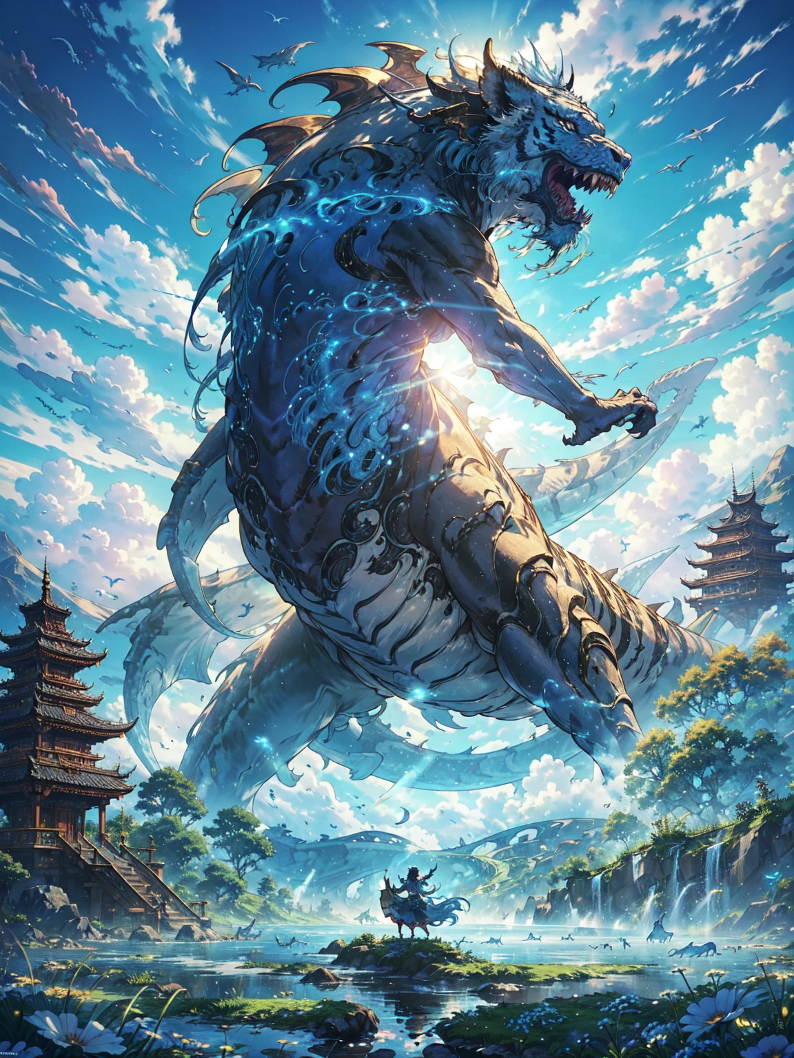 Dancing in the blue sky(Leviathan:1.1),Vision,Calm day, Detailed Clouds, field, Grazing cows, flower, A house far away, fence, wood,well, dream, Fantasy, Lion, tiger, dragons, monsters, sharp tea, ride, dahuangdongjing, Whales, dragons, monsters, sharp tea, flying, when