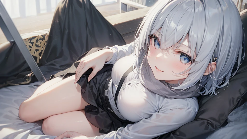 Her eyes were shining、Mysterious and enchanting atmosphere。With AI Painting、とてもShort Hair, Long bangs between the eyes, Grey Eyes , Very detailed,(masterpiece、Highest quality)、alone、Gray Hair、Fantasy, Silver Hair, Beautiful Eyes,Ecstasy, charm, attract the audience, Fantasyな風景、White shirt、smile、Open your mouth、Scarf、short hair、Short Hair、hairpin、Dark Eyes、Anime Eyes、Beautiful eyes、Eyes written in detail