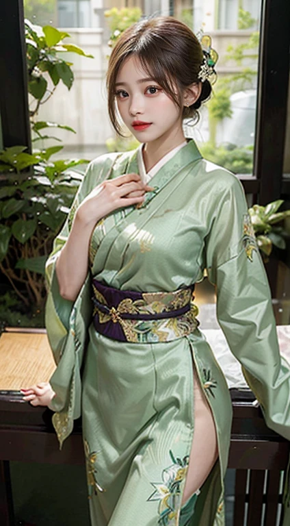 In a mysterious atmosphere, The woman in the green kimono has a fairy-like beauty and exudes a captivating aura.. Lush fabric, Decorated with fantastic patterns, It gracefully envelops her figure., Create a harmonious blend of natural hues. The obi is tied elegantly around the waist, Enhance the appeal of traditional ensembles. In this completely covered outfit, She embodies otherworldly elegance.,