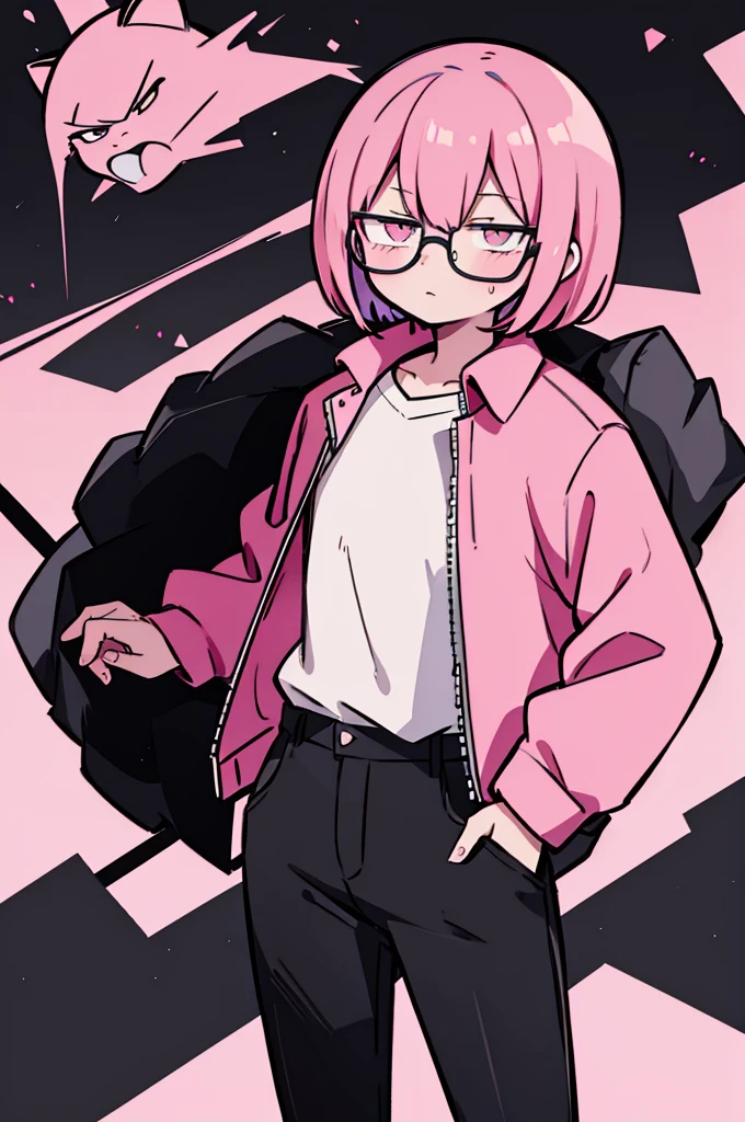 black pants, Sharp image, man, pink hair, wearing a pink jacket. , has a dull, bored face, wears round glasses, has short, neat hair,