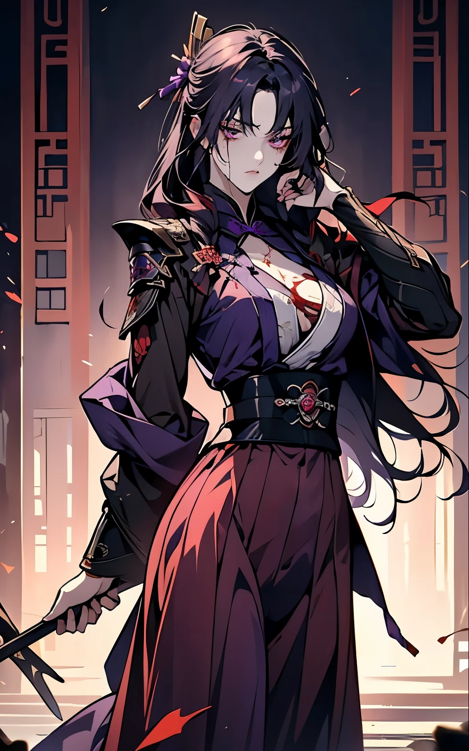 (!Fight, battle, blood, weapon, sword, blood coming out of his mouth, injury, torn clothes, horror!) 1 women, Raiden Shogun - genshin impact, long purple hair, violet eyes, violet chinese clothes, ultra long skirt,