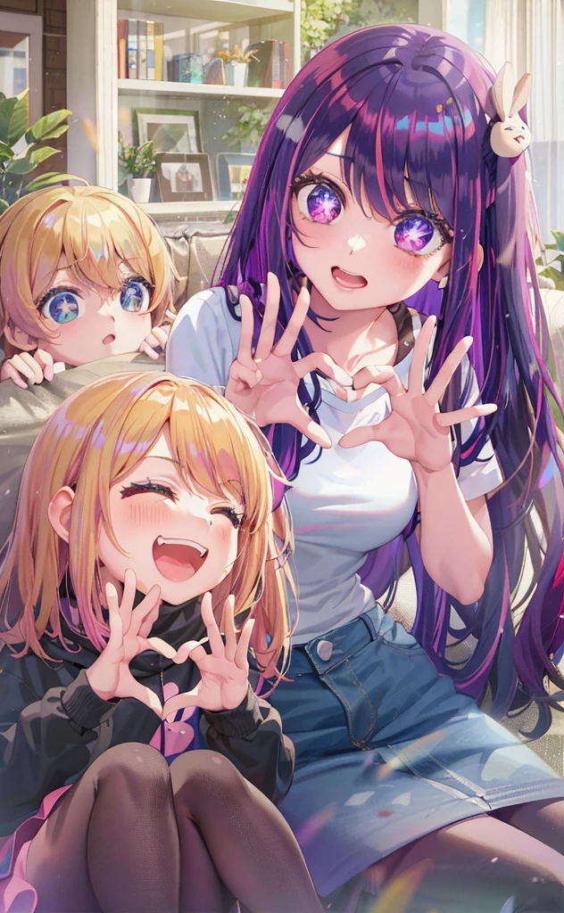 anime girl with purple hair and two other girls sitting on a couch, hololive, visual novels CG, Edgeie anime style, Kawaii realistic portrait, visual novel key visual, ; visual novel, eechi, Smooth anime CG art, DDLC, Edgee style, visual novel, Splash art anime , anime moe art style, Anime! 4K
