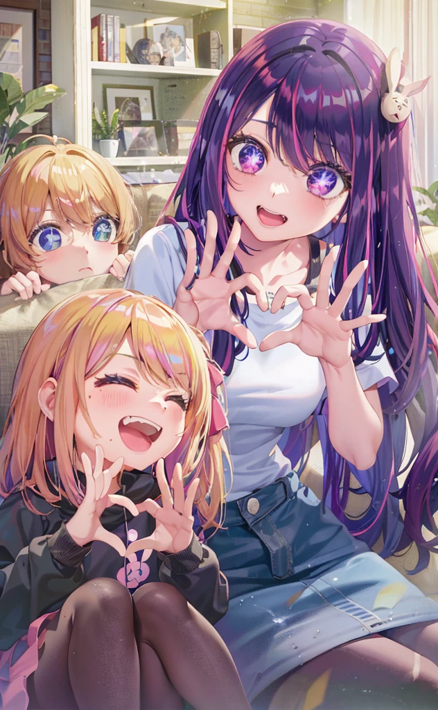 anime girl with purple hair and two other girls sitting on a couch, hololive, visual novels CG, Edgeie anime style, Kawaii realistic portrait, visual novel key visual, ; visual novel, eechi, Smooth anime CG art, DDLC, Edgee style, visual novel, Splash art anime Loli, anime moe art style, Anime! 4K