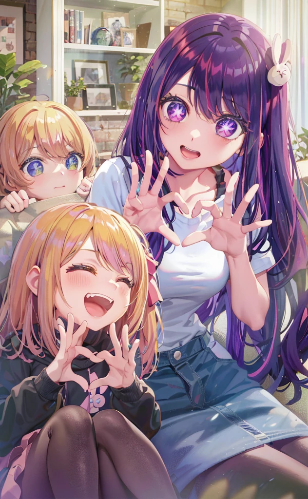 anime girl with purple hair and two other girls sitting on a couch, hololive, visual novels CG, Edgeie anime style, Kawaii realistic portrait, visual novel key visual, ; visual novel, eechi, Smooth anime CG art, DDLC, Edgee style, visual novel, Splash art anime Loli, anime moe art style, Anime! 4K