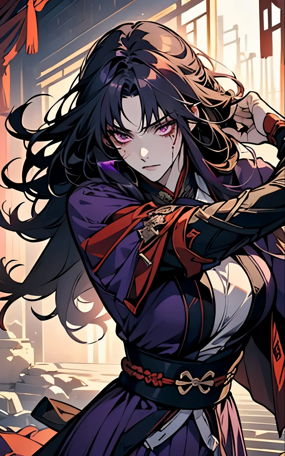 (!Fight, battle, blood, weapon, sword, blood coming out of his mouth, injury, torn clothes, horror!) 1 women, Raiden Shogun - genshin impact, long purple hair, violet eyes, violet chinese clothes, ultra long skirt,