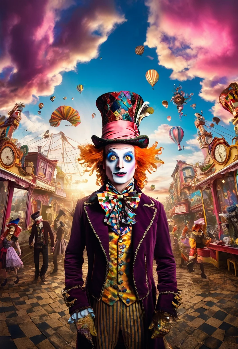 wide angle shot of A (((hyper surrealism))) carnival in wonderland with ((randomly chosen elements)) like (((a girl with huge eyes))) and ((a man with big moustache)) intertwined with (((the mad hatter))) and his ((petite wife)), all engaged in ((random conversations)) that convey a sense of (((dreamlike absurdity))) amidst a backdrop of (((colorful, scattered clouds))), with the scene framed by a (((golden-tinged horizon))). The scene is so intricate and (((incredibly detailed))), it defies reality, hyper detailed background