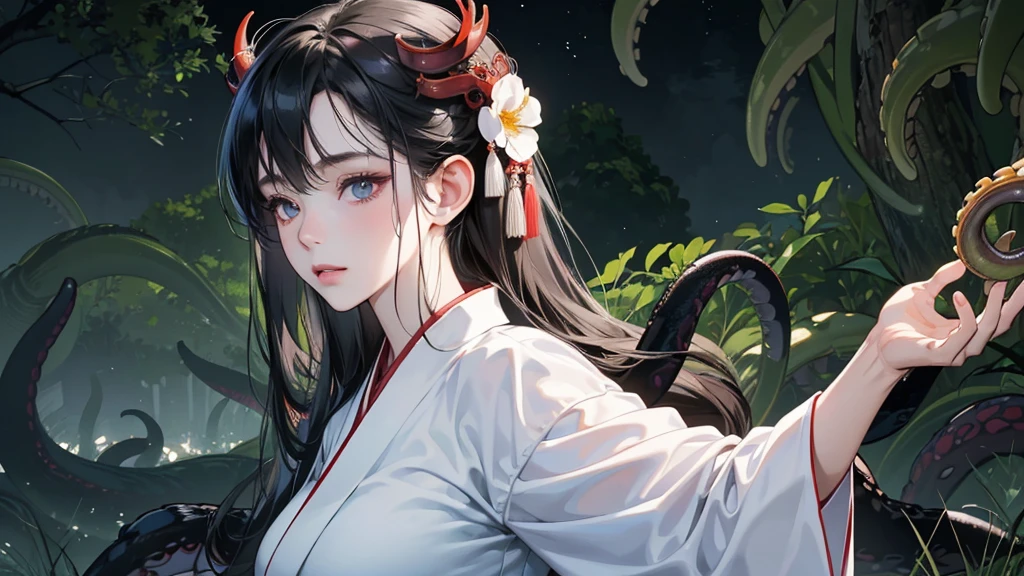 (perfect anatomy:1.2)(absurdres, highres, ultra detailed),masterpiece,best quality,high resolution,8K,Realistic face,Realistic skin texture,magnified textures, stunning clarity,(1 girl),detailed anime girl,japanese lowteen girl,ultra detailed eyes and face,(black hair),long hair,creepy swamp,mysterious eyes,midnight,(tentacles in the background:1.2),pale skin,Japanese shrine maiden, ,(white kimono),(red hakama) thin body type,big breasts,(expressionless:1.2),(from front),upper body,,Daytime,look at viewer
