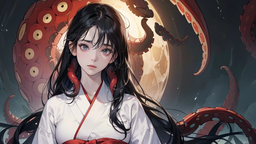 (perfect anatomy:1.2)(absurdres, highres, ultra detailed),masterpiece,best quality,high resolution,8K,Realistic face,Realistic skin texture,magnified textures, stunning clarity,(1 girl),detailed anime girl,japanese lowteen girl,ultra detailed eyes and face,(black hair),long hair,creepy swamp,mysterious eyes,midnight,(tentacles in the background:1.2),pale skin,Japanese shrine maiden, ,(white kimono),(red hakama) thin body type,big breasts,(expressionless:1.2),(from front),upper body,,Daytime,look at viewer