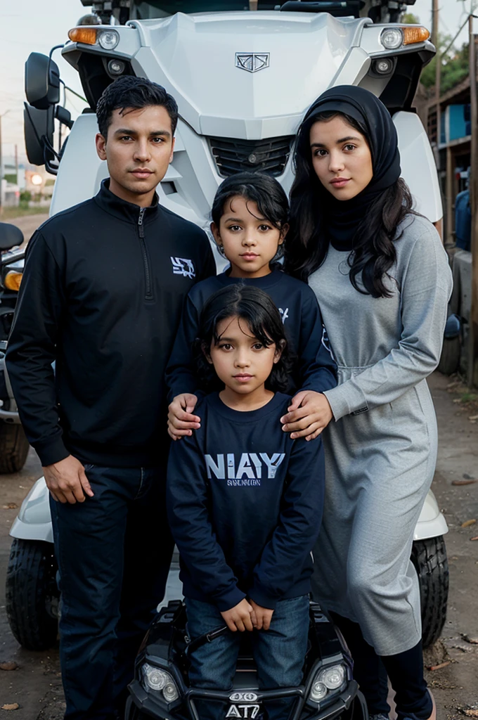 Family photo in front of ATV. Father and mother wear navy blue clothes with an ATV pattern, mother wears a hijab, daughter with curly black hair wears an ATV picture, three year olaight black hair