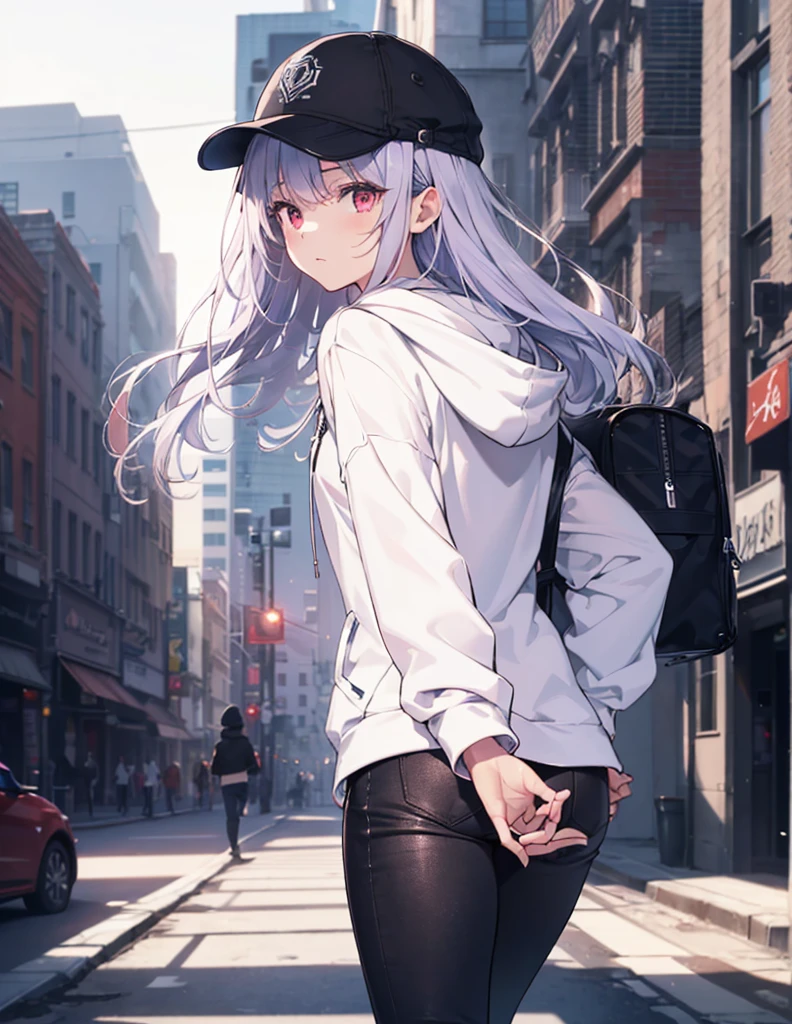 (Close-up:1.3),Realistic,Highest quality, Super detailed, High-quality CG rendering, The most delicate and beautiful, Floating softly, High resolution, (1 girl), (Highest quality,4K,8K,masterpiece:1.2), Light purple hair,Long Hair,Red eyes,(Pure white oversized hoodie:1.3),(Black skinny pants:1.3),(Pure white cap:1.3),In the city,old buildings,(whole body:1.3),(Turn your back to your audience:1.3),Ass