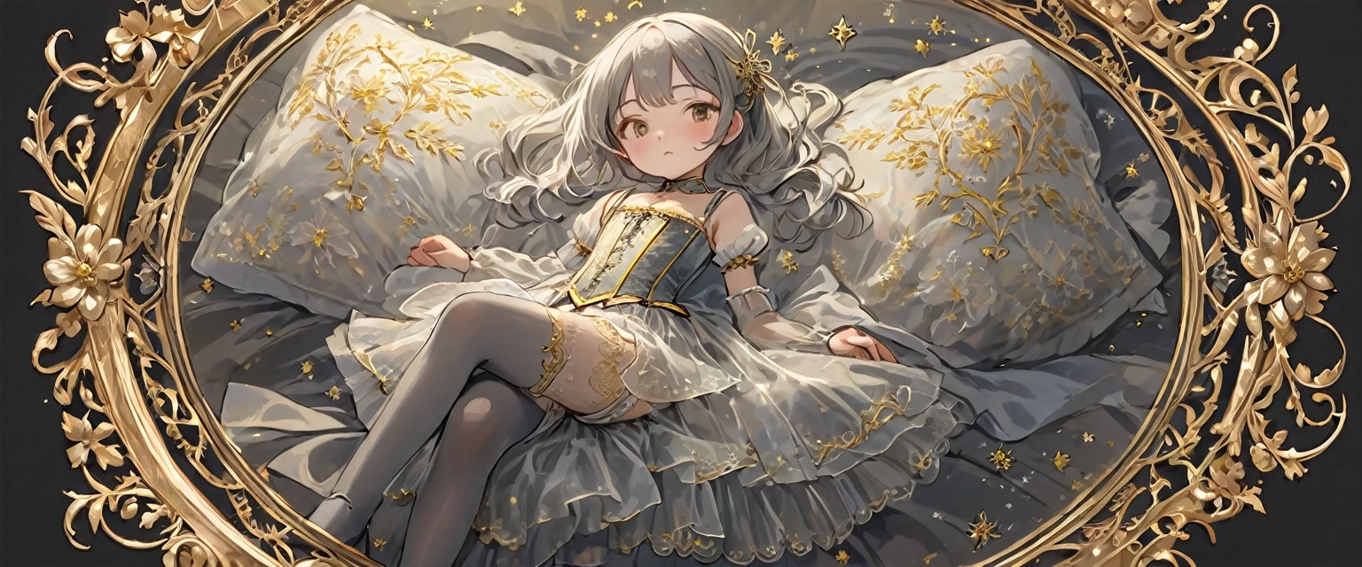 8 year old medieval girl, In underwear、Gold and silver thread embroidery、Knee-length semi-transparent bloomers（Drawers）Wearing、Wearing a semi-transparent corset、Translucent slip, Grey translucent tights、sleep