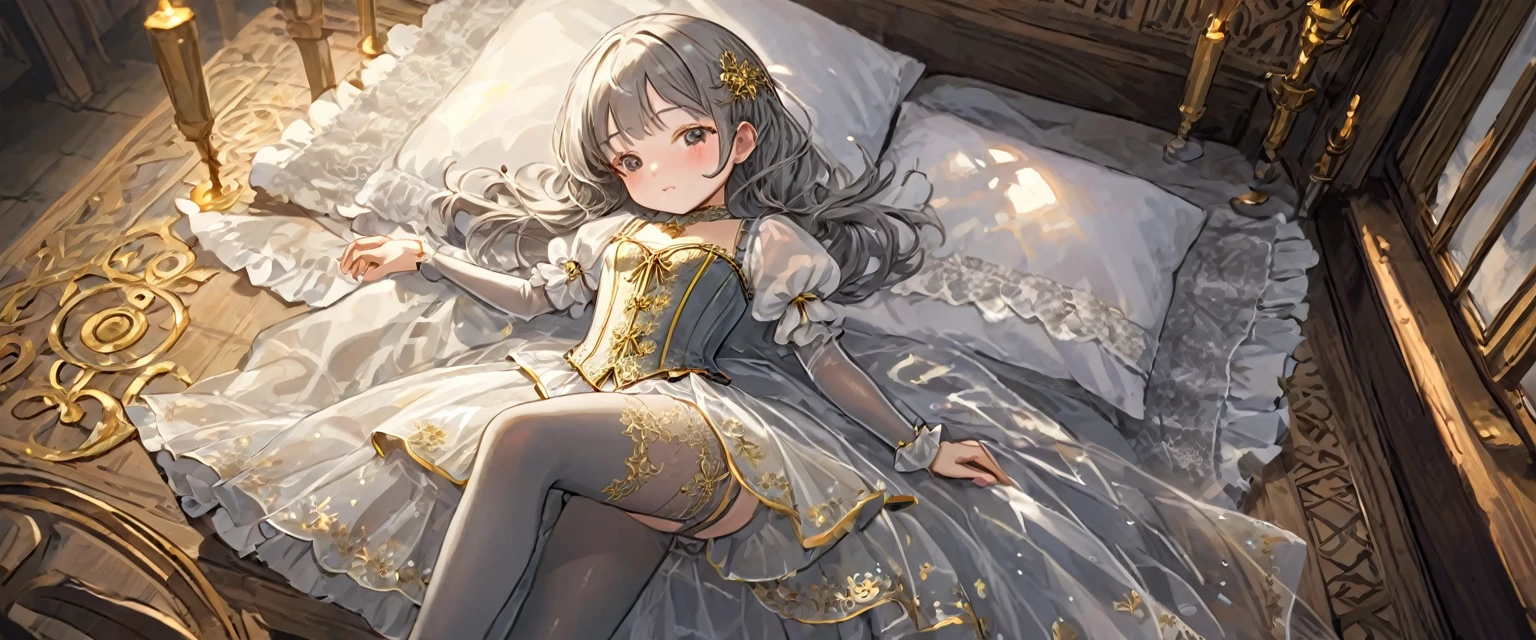 8  medieval girl, In underwear、Gold and silver thread embroidery、Knee-length semi-transparent bloomers（Drawers）Wearing、Wearing a semi-transparent corset、Translucent slip, Grey translucent tights、sleep