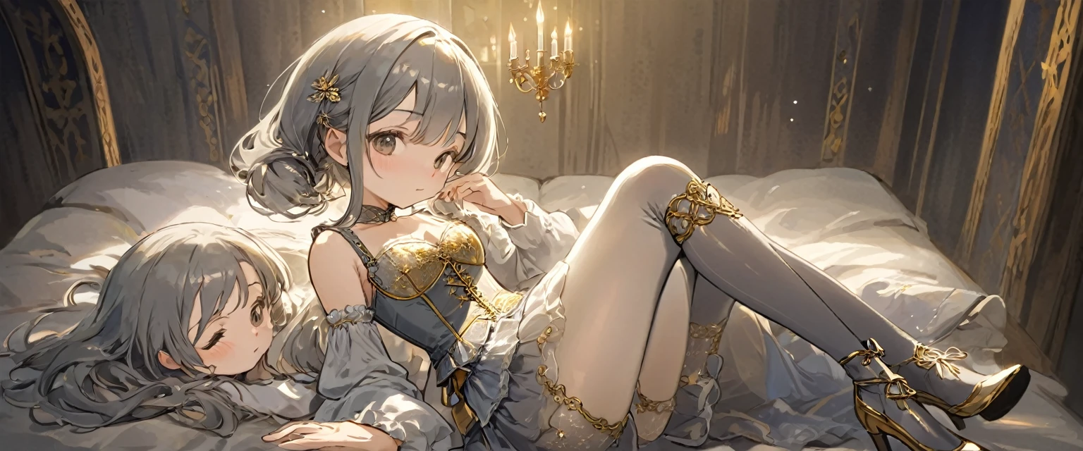 8 year old medieval girl, In underwear、Gold and silver thread embroidery、Knee-length semi-transparent bloomers(Drawers)Wearing、Wearing a semi-transparent corset、Translucent slip, Grey translucent tights、sleep