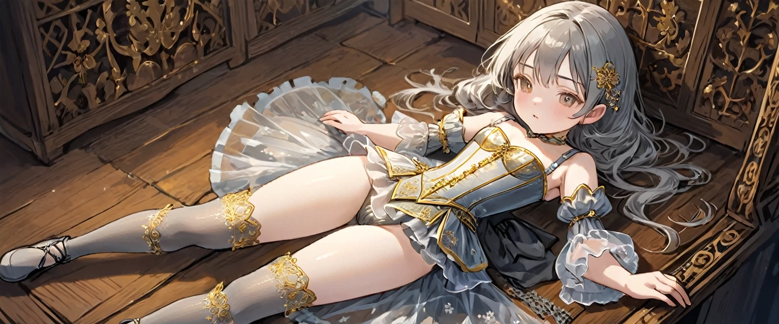 8  medieval girl, In underwear、Gold and silver thread embroidery、Knee-length semi-transparent bloomers（Drawers）Wearing、Wearing a semi-transparent corset、Translucent slip, Grey translucent tights、sleep