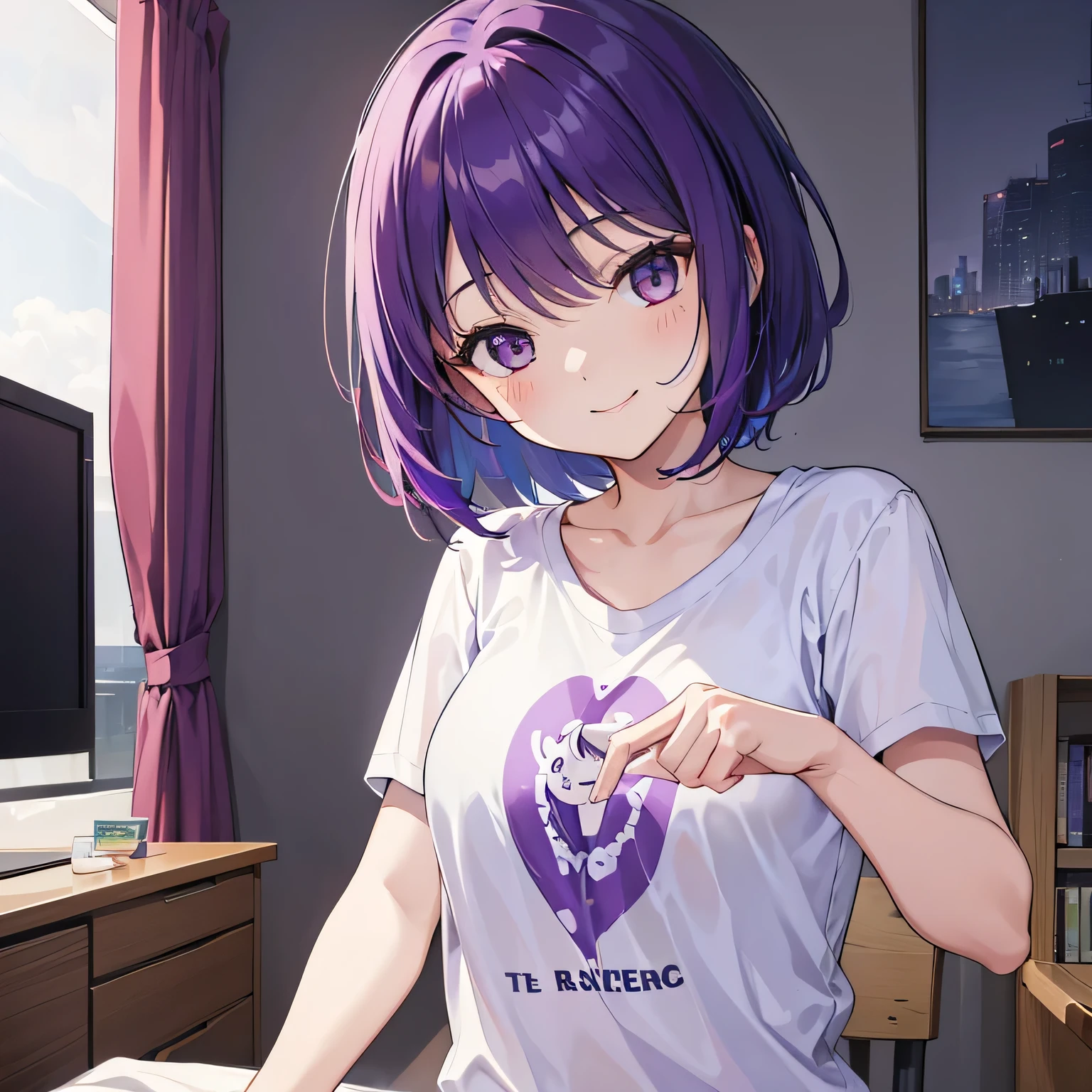 (T Masterpiece,4k wallpaper,Best Quality))、((girl1people))、(solo)、Bright and Brilliant,(Purple Hair)、(Shortcuts:1.3)、smile、Bedroom、T-Shirtorning