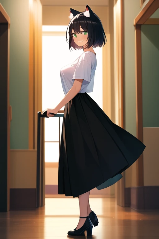 ((best quality)), ((masterpiece)), (detailed), 1girl, medium sized breasts, feminine short hair, black hair, gorgeous women, cat ears, green eyes, vertical slit pupils, long skirt, black skirt, female t-shirt, white shirt, university background, smiling expression, wide shot, full body, standing, front shot