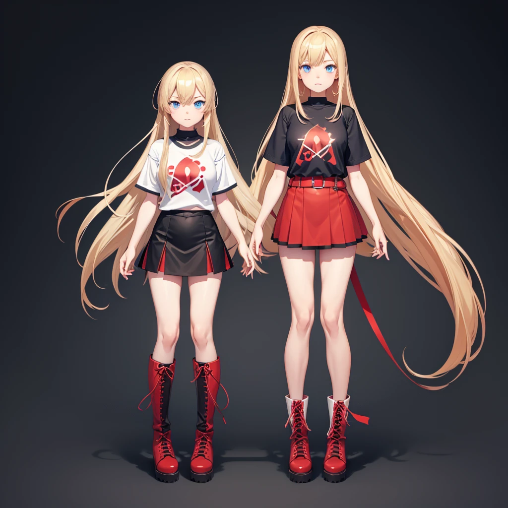A full-body anime vtuber girl with long blond hair, blue eyes, wearing a t shirt, a red belted miniskirt and high boots. With simple background and outlined design to subdivide the body.