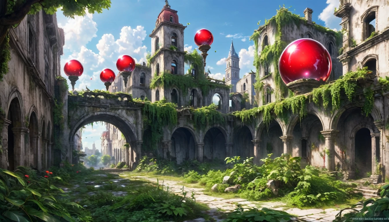 an old city with ruins and over grown plants and trees, there is a large red bubbel around the city like a snowgloube