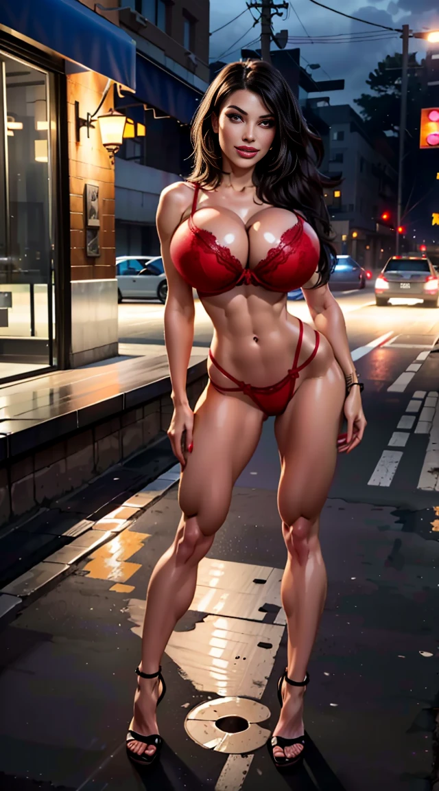 (8k, best quality, masterpiece:1.2), (realistic, photo-realistic:1.37), (full body), standing, legs apart, (wide stance) standing contrapposto, ultra-detailed, 1 girl,cute, solo, (tifa lockhart), (large breasts:1.5), (beautiful detailed eyes), (smile:1.2), (closed mouth), sharp focus, depth of field, good composition, Final Fantasy VII, very long straight hair, hair bang, ((red_eyes)), intricate, bokeh, (Tetsuya Nomura style), perfect breasts, red lace bra, red thong, toned body, athletic, wide hips, thin waist, toned arms, exposed abdomen, view from behind