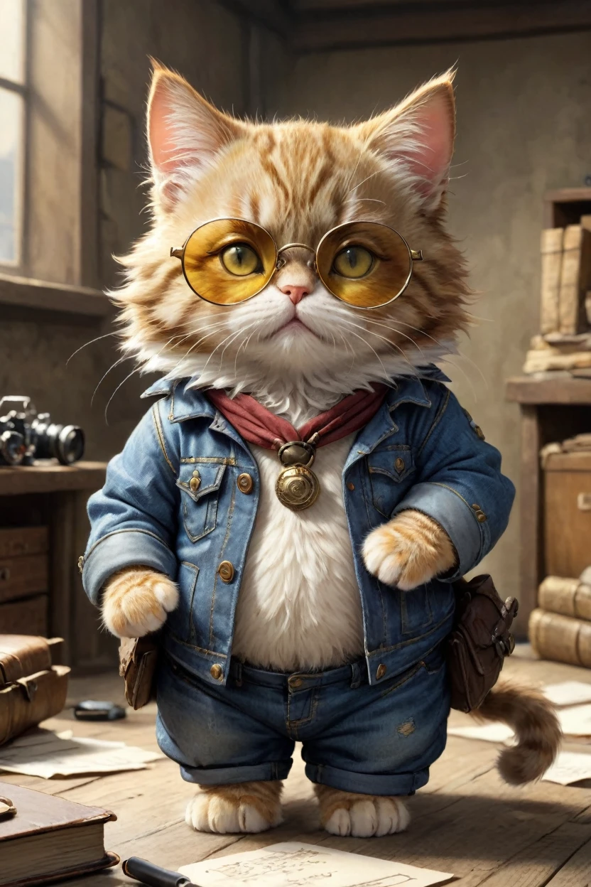  small, かわいいbornき物, jeans、sunglasses、 whole body,Small ,, Costumes,、 Fantasy art, Exquisite detail, Jean-Baptiste Monge Style, office、Alan Lee Style, An anthropomorphic, fat, furry tabby kitten with yellow eyes, Movie Scenes, Dramatic shot angles, , Realistic, born々Amazing cinematic photorealism, Action Portrait, 8K, detailed, Full Frame