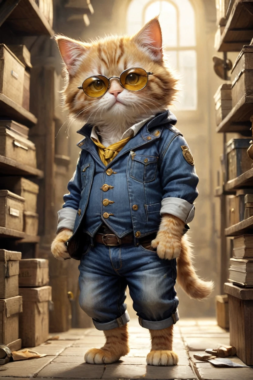 small, かわいいbornき物, jeans、sunglasses、 whole body,Small ,, Costumes,、 Fantasy art, Exquisite detail, Jean-Baptiste Monge Style, office、Alan Lee Style, An anthropomorphic, fat, furry tabby kitten with yellow eyes, Movie Scenes, Dramatic shot angles, , Realistic, born々Amazing cinematic photorealism, Action Portrait, 8K, detailed, Full Frame