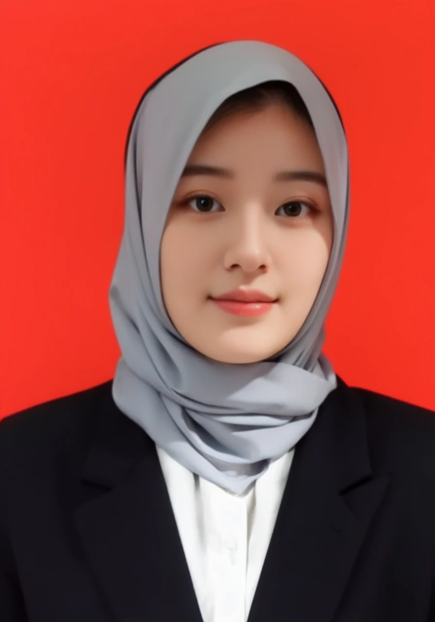 beautiful woman, black headscarf, wearing a black suit, thin cheeks, red background, passport photo, black hijab color