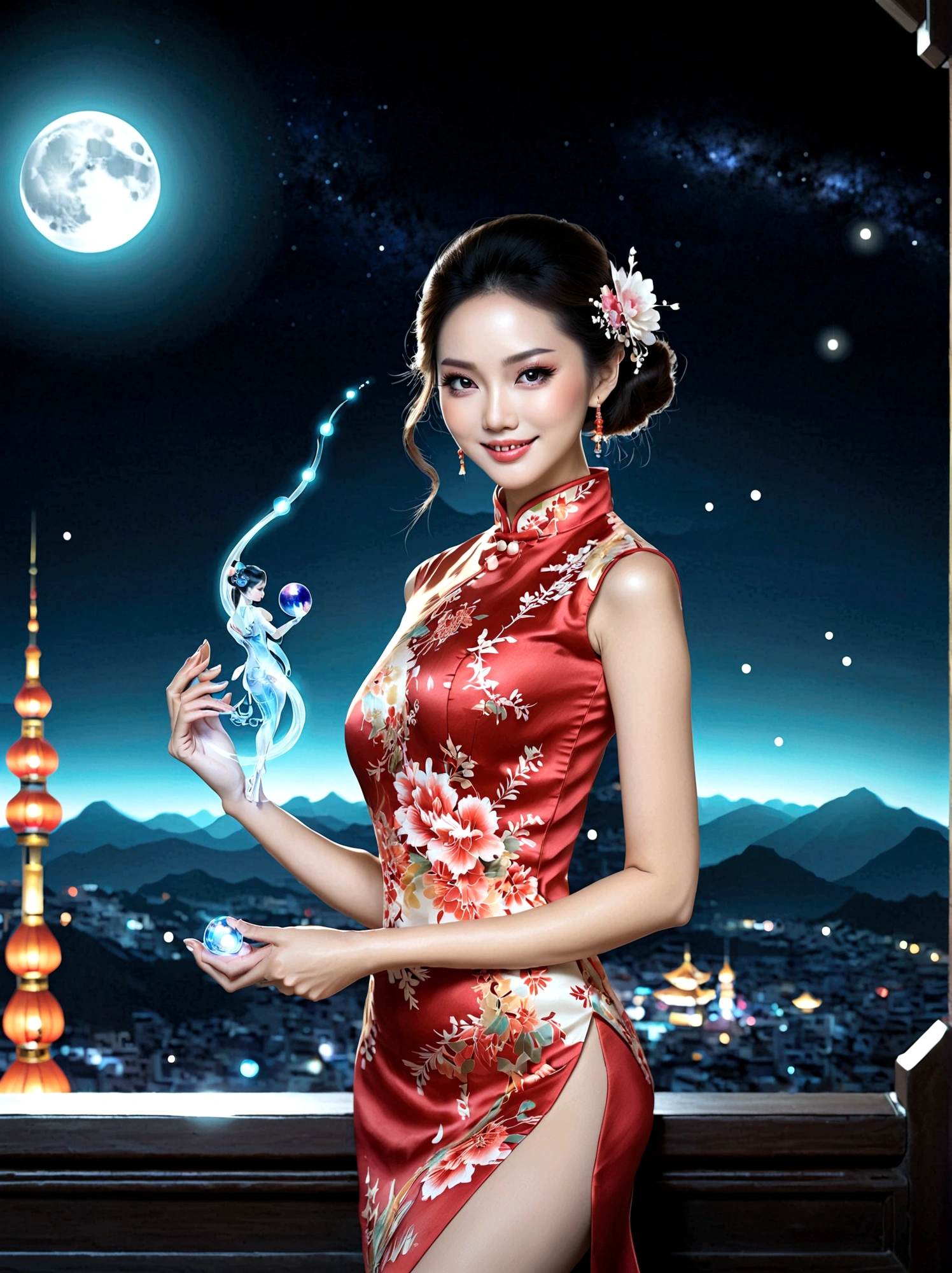 (full-body shot:1.4), Space Art, 1 Cheongsam woman，whole body，Standing，Transparent robotic arm，slim body，Perfect proportions，Exquisite hair accessories，Smile，Transparent mechanical shoes，Oriental elements，(bokeh)，high quality，4K，3d