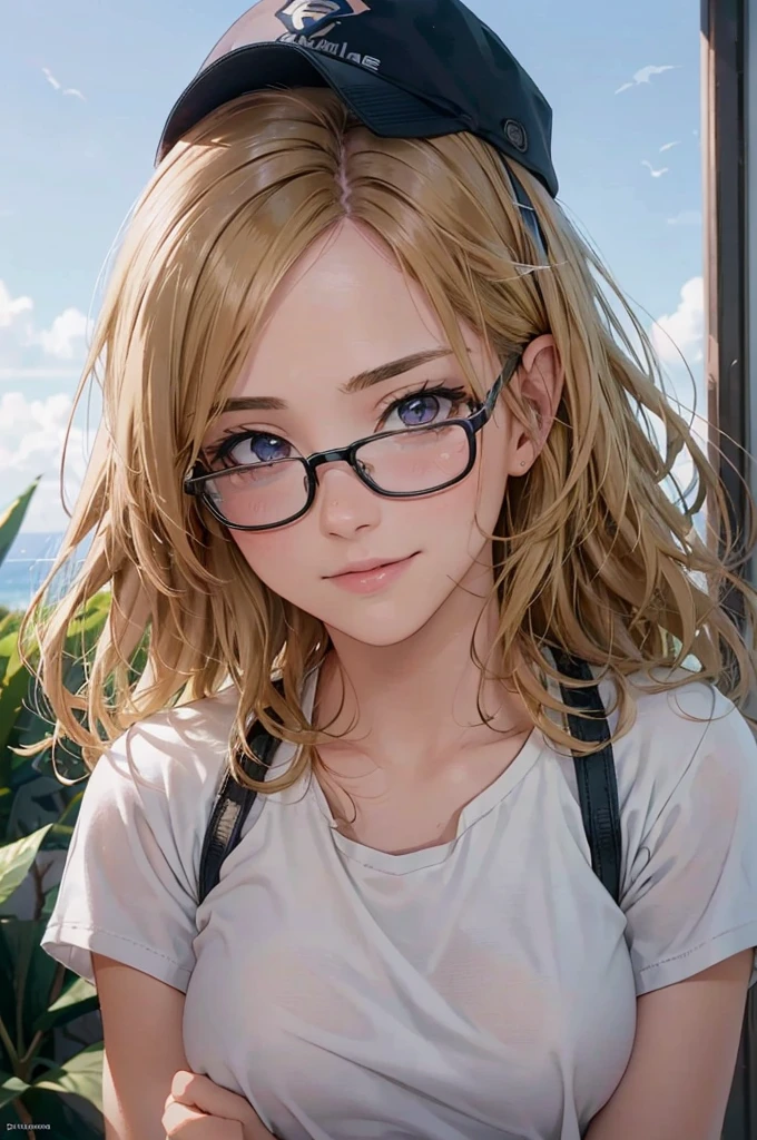 最high quality, high quality, High resolution, high quality texture, high quality shadows, High resolution, Beautiful details, Detailed CG, Detailed Texture, Realistic representation of face, Realistic, colorful, delicate, Cinematic Light, Side light, Lens flare, Ray Tracing, sharp concentrated, (1 Girl,concentrated:1.3), ( Intricate details, compensate, PureErosFaceV1:0.5), (細部まで美しいdelicateな顔, 緻密で美しいdelicateな瞳, Perfect Facial Proportions, Dense skin, Optimal ratio of four fingers to one thumb, Modest chest, Beautiful Hips, Smooth upper abdomen, blue eyes , glasses ,White shirt, mountaineering pants ,trekking shoes, work cap, paris, champs elysées boulevard, buzzer, blue sky,trekking backpack ,adventure journey ,the gaze of true love, lips of temptation, A look full of compassion ,a smile full of love, i love you, Acting lovey-dovey, waist up, 35 years old, hiking,house wife,show off nipples under white shirt, air fortress hair, blonde hair