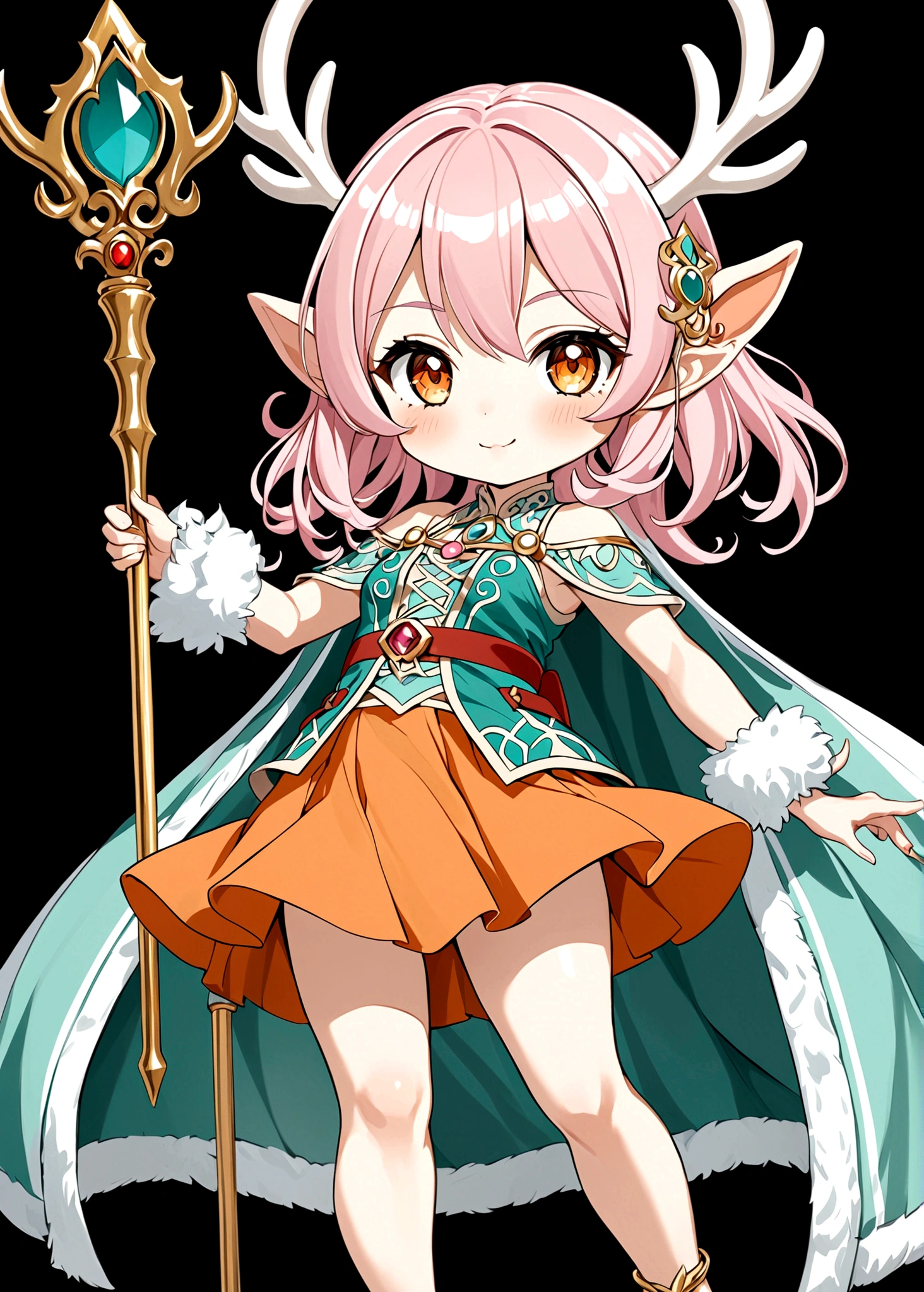 game character,Cartoon anime style,beautiful girl,Fluffy pink hair,antlers,Elf ears,Short orange skirt,Scepter,Standing barefoot,Foot ring。(((Correct human anatomy))),White background