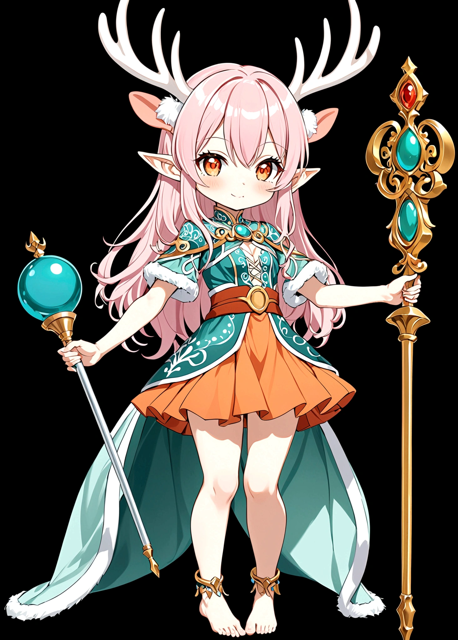 game character,Cartoon anime style,beautiful girl,Fluffy pink hair,antlers,Elf ears,Short orange skirt,Scepter,Standing barefoot,Foot ring。(((Correct human anatomy))),White background
