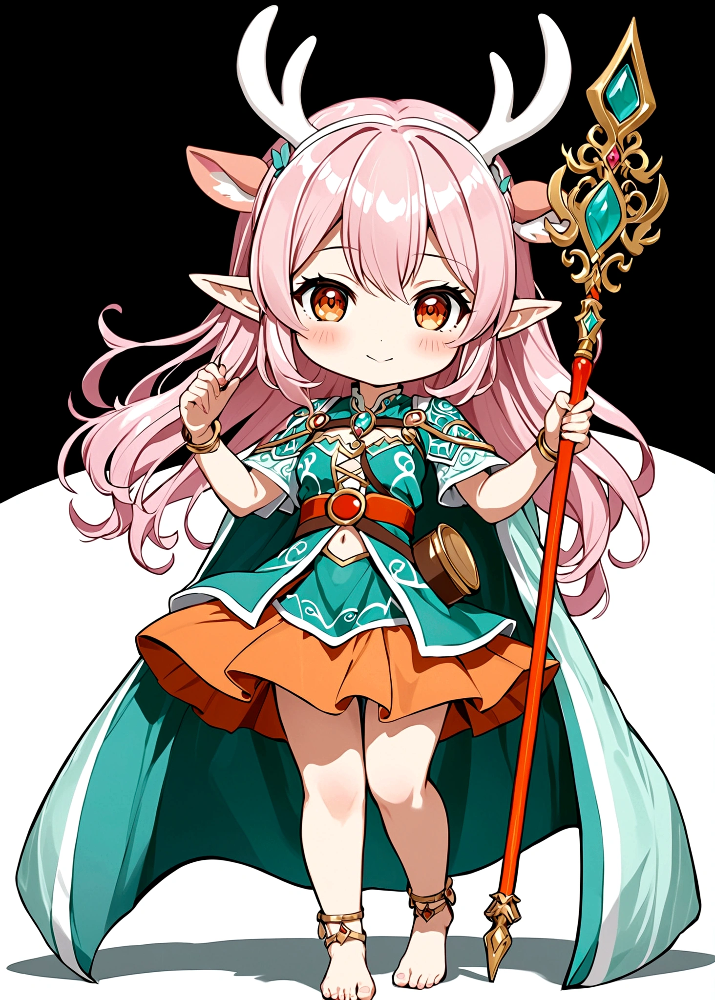 game character，Cartoon anime style，beautiful girl，Fluffy pink hair，antlers，Elf ears，Short orange skirt，Scepter，Standing barefoot，Foot ring。(((Correct human anatomy)))，White background