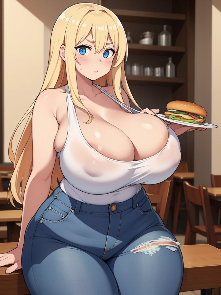 ((Masterpiece)), perfect anatomy, perfect shading, field of depth, (best quality), extremely delicate and beautiful, perfect lighting, detailed face, ultra cute face, cute, (1girl), (solo),

long fluffy blonde hair, blue eyes, ((blush)), nervous, looking at viewer, tank top, jeans, cleavage, medium breasts, thick thighs, 

intricate background, detailed background, fast food restaurant, standing, table full of food,
