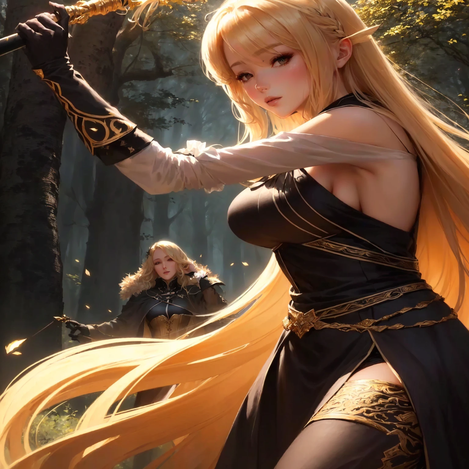 femme aux cheveux blonds dans une robe noire tenant une épée dans une forêt, WLOP et Sakimichan, 2. oeuvre fantastique d&#39;anime cgi 5 d, Aly Fell et Artgerm, wlop et artgerm, Ruan Jia et Artgerm, artgerm et wlop, Wlop et Ross Tran, artiste artgerm i et wlop