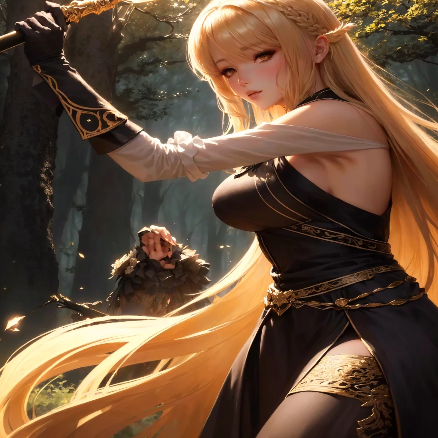 femme aux cheveux blonds dans une robe noire tenant une épée dans une forêt, WLOP et Sakimichan, 2. oeuvre fantastique d'anime cgi 5 d, Aly Fell et Artgerm, wlop et artgerm, Ruan Jia et Artgerm, artgerm et wlop, Wlop et Ross Tran, artiste artgerm i et wlop