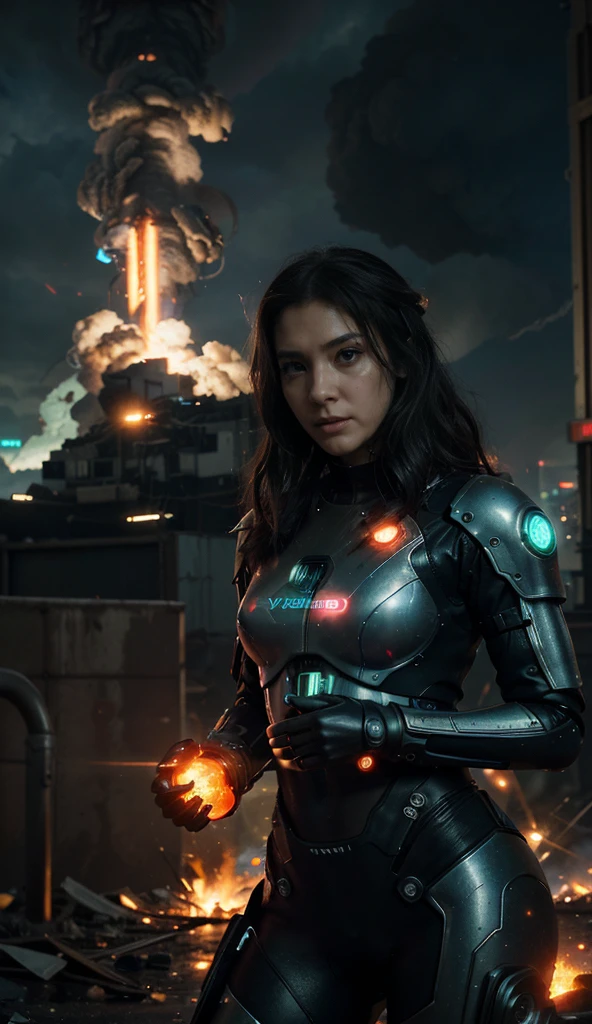A woman with telekinetic powers confronts jellyfish robots operated by invaders who are destroying major cities.。 (highest quality、4k、8k、High resolution、masterpiece: 1.2)、Super detailed、(real、photorealistic、photorealistic: 1.37)、dystopian settingecha、telekinesis、cityscape、battle、heroine、Advanced technology、Awesome Destruction 、Widespread chaoetal reflection、Bright colors、Sci-fi aesthetics、neon light、Glowing energy、cityscape、crumbling building、Chaotic Sky、Civilians escaping、Fierce determination、explosion、Giant mechanical tentacles、Threat、urban warfare、Mind over matter 、resist、fortitude、A courageous rescue、Fire and Smoke、Concrete Ruins、