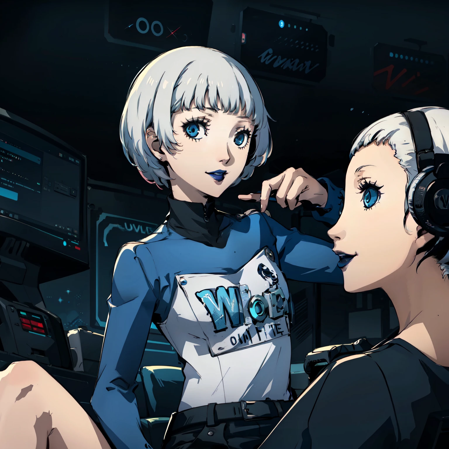 masterpiece, ((best quality)),((1 girl)), blue eyes, black lipstick, white hair, female , tomboy Pixie haircut, deep blue suit, white hair, white hair,smiling,hacker,in the,dark room,sitting,looking monitor,cute